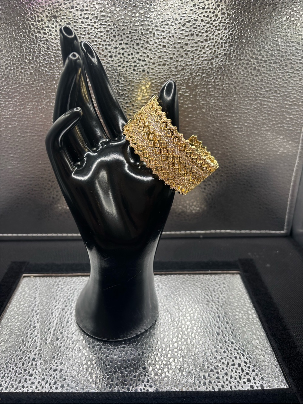 Gold Crystal Pave Wide Cuff Bracelet - Women Jewelry - Picture 3 of 6